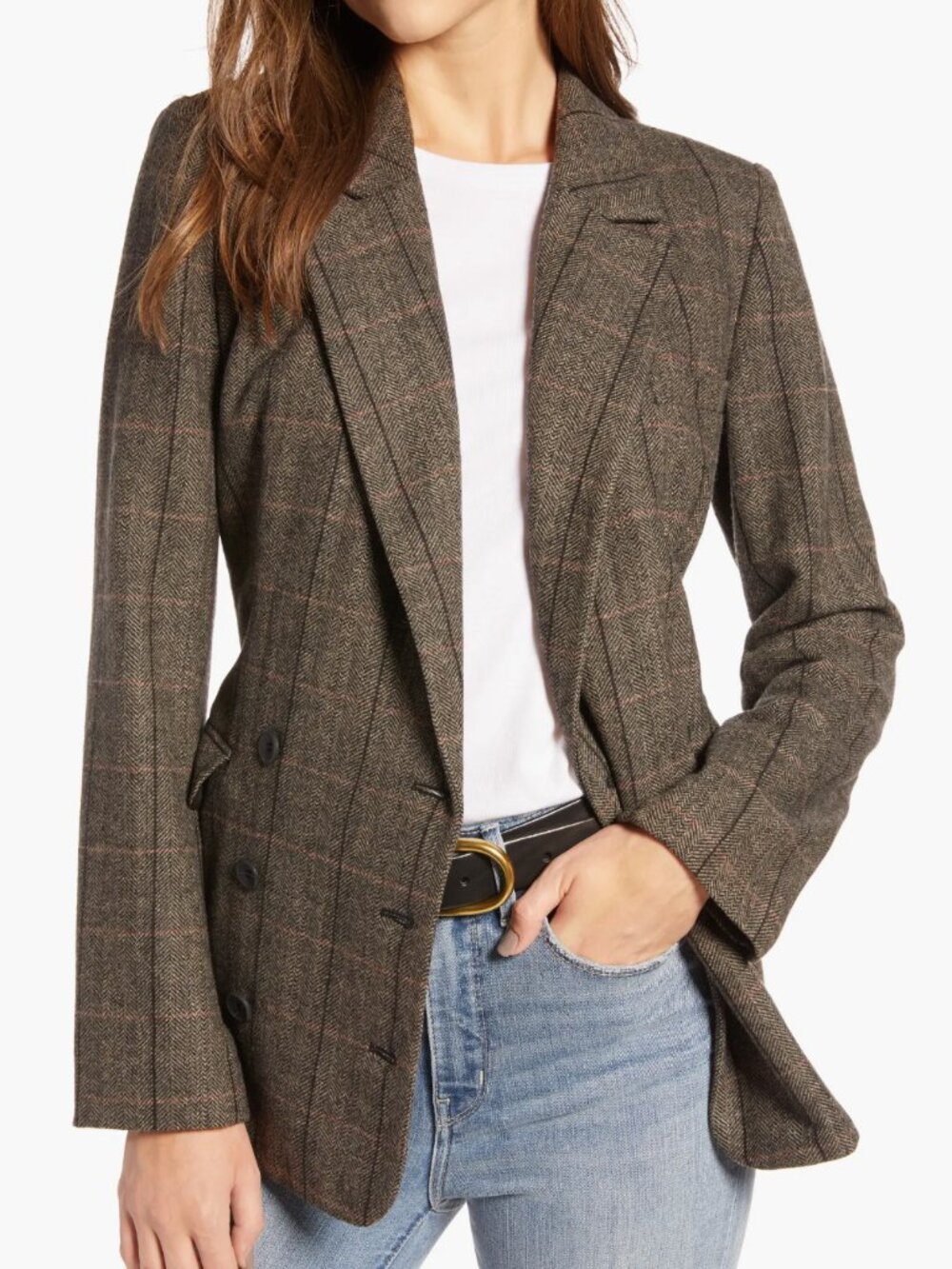 Treasure & Bond Wool Herringbone Plaid Double Breasted Blazer S
